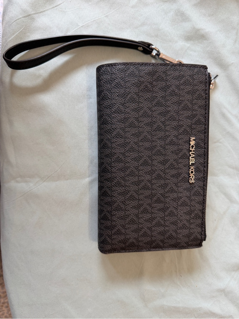 Michael Kors Black Textured Zip Wristlet Wallet with Gold Logo